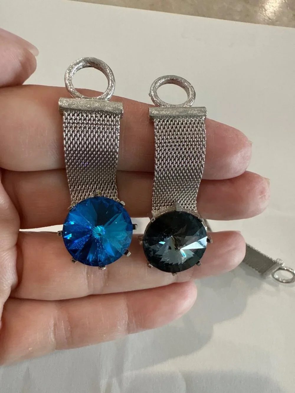 Vintage mesh cufflinks,  Blue Black Rivoli Glass stones 2 pair